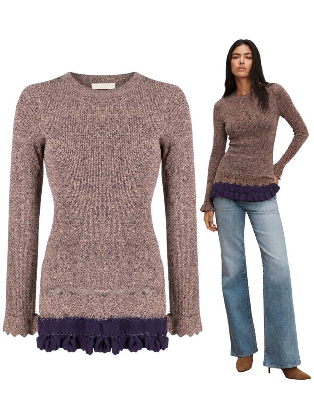 **$793 Ulla Johnson Ribbed Ruffle-Trim Knitted Sweater Top Multicolor Sz Petite